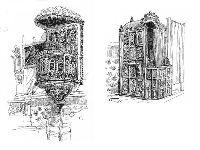 San Buenaventura Drawing of the Pulpit and Confessional